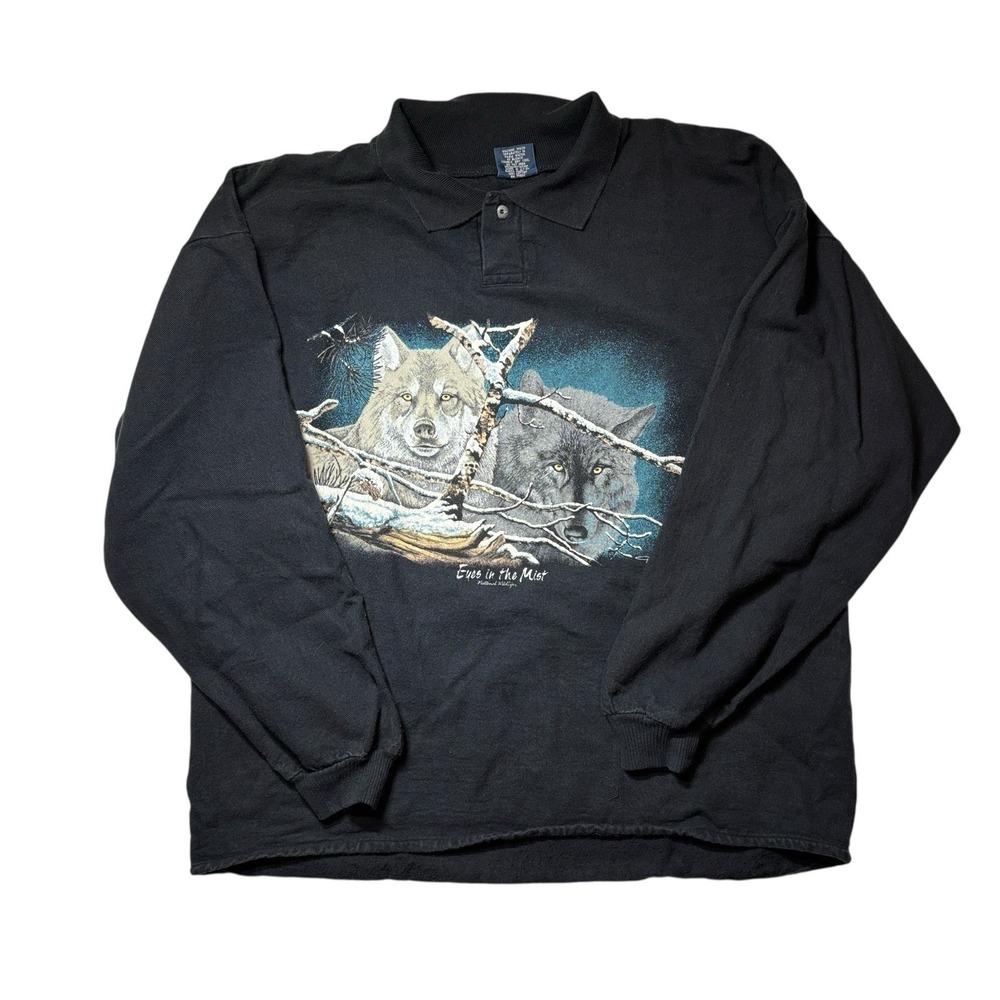 Vintage‎ Mens  Black  Wildlife Wolves Nature Rugby Sweater